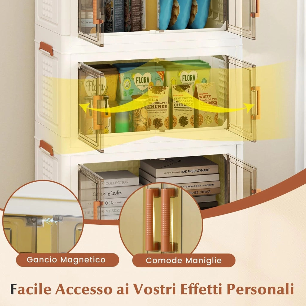 Contenitori Pieghevoli con Coperchio, Set da 4/3 Scatole di Plastica Impilabili con Ruote, per Organizzatore di Armadio con Porte a Apertura Frontale, Multiuso (68,5 x 37,5 x 107 cm)