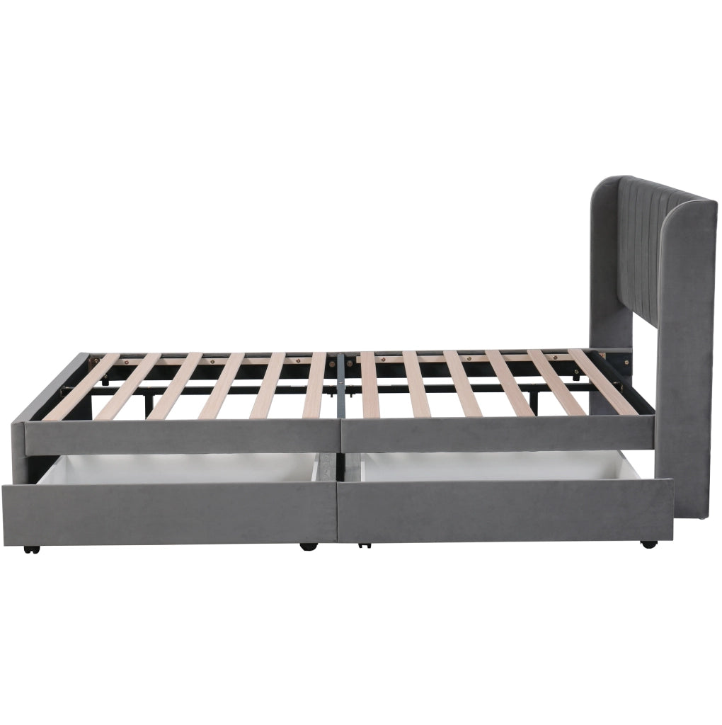 Letto in velluto 140x200 cm con rete a doghe; 2 cassetti; grigio