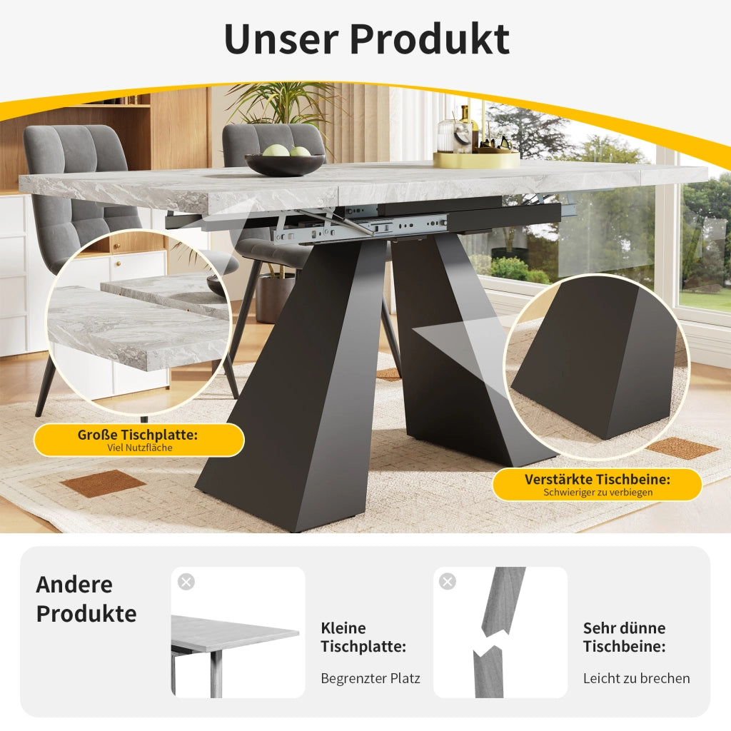 Tavolo da pranzo allungabile con 4 sedie, piano effetto marmo, in MDF e metallo, nero e grigio, 99-159 × 74 × 77 cm