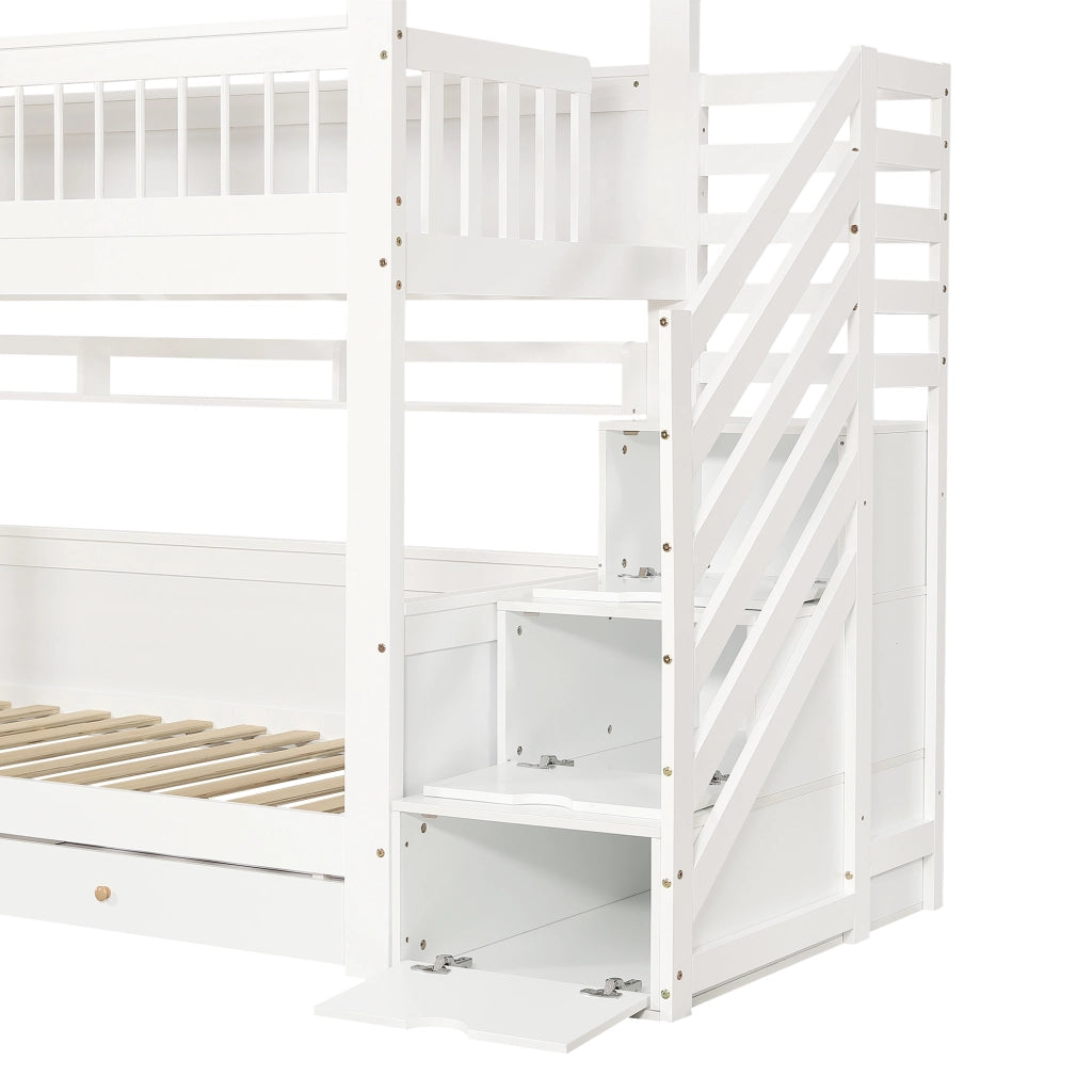 Letto a Castello 90x200 cm con Scala Contenitore; 2 Cassetti e Sponda in Legno