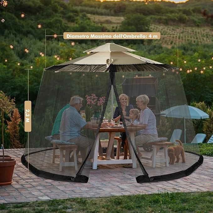 Zanzariera per Ombrellone da Esterno, Zanzariera Regolabile da Patio con 2 Porte a Doppia Cerniera, Rete per Copertura Ombrellone, 12,5 x 2,3 m