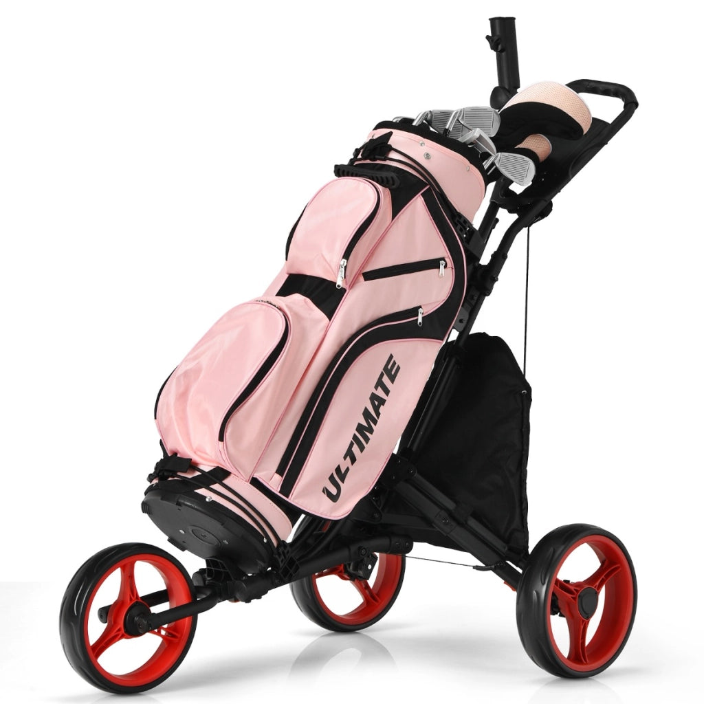 Carrello da golf a spinta con 3 ruote, Carrello pieghevole con borsa rivestita in alluminio cinghia Rosso-Golf