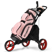 Carrello da golf a spinta con 3 ruote, Carrello pieghevole con borsa rivestita in alluminio cinghia Rosso-Golf