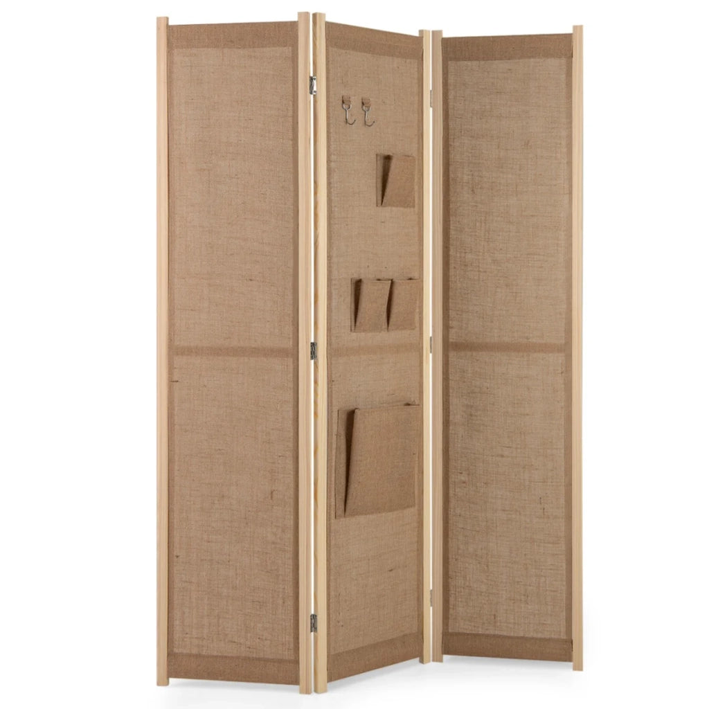 Paravento pieghevole a 4 ante 170 x 121 x 2 cm con contenitore e cerniere girevoli stile moderno lino sintetico beige 20_0017004