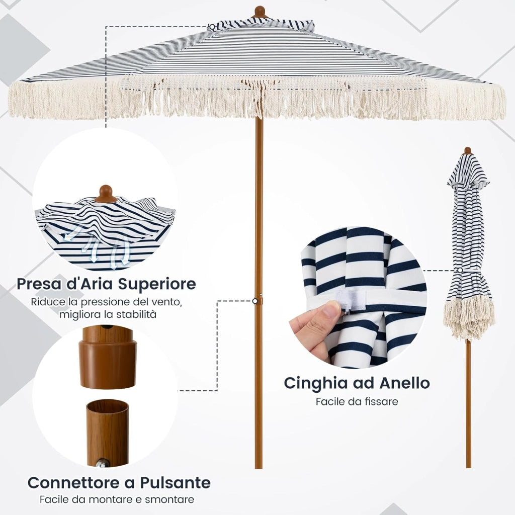 Ombrellone da Spiaggia 200 cm, 6 Stecche in Alluminio, Portatile con Decorazioni, Impermeabile Anti-UV, Antivento per Spiaggia Piscina Cortile (Bianco+Blu)