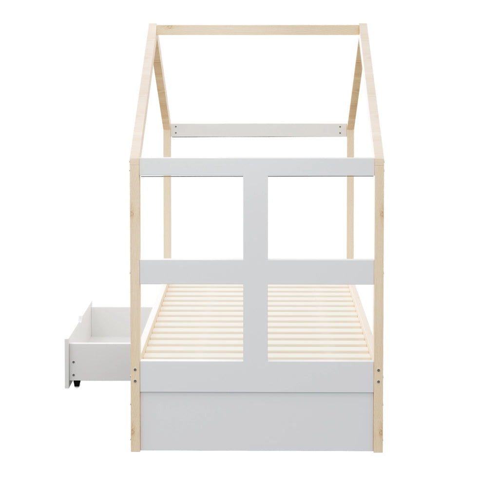 Letto per bambini 90 × 190 cm con cassetto contenitore, scarpiera e LED multicolore, senza materasso, legno naturale