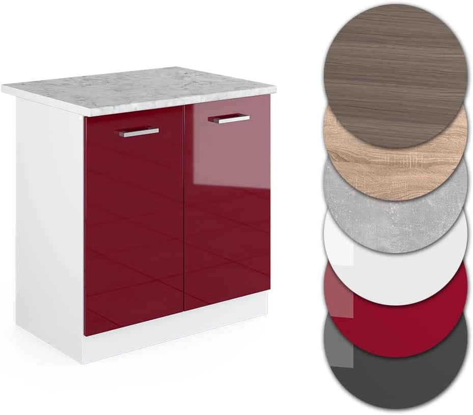 Mobile lavello cucina R-Line, Rosso lucido, 80 cm, PL Marmo, per la libera combinazione all'interno di sistemi cucina modulari