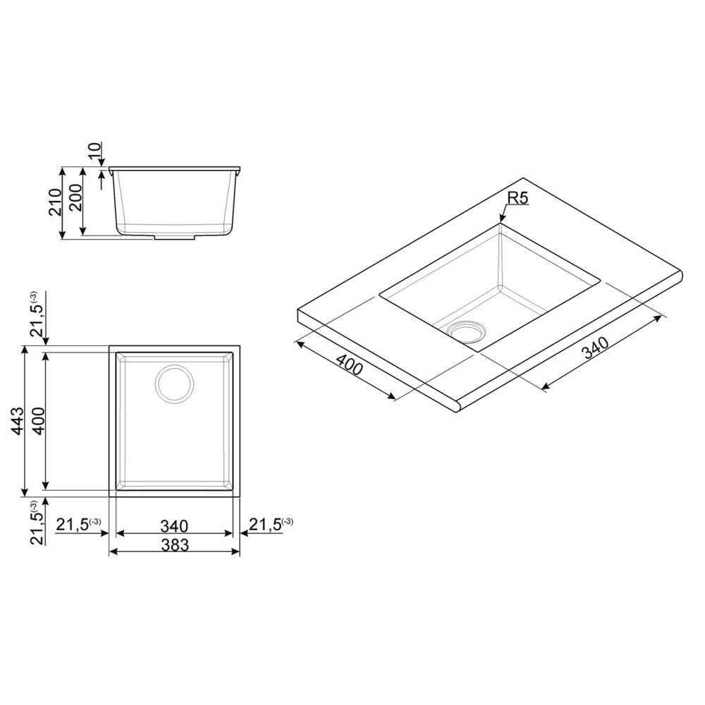 Lavello incasso monovasca sottotop 38x44 Smeg VZUM40CT cemento