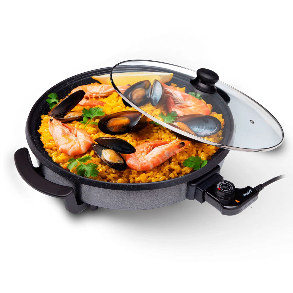 Padella elettrica multifunzione 42 cm con coperchio in vetro, termostato regolabile 240°C rivestimento antiaderente pietra 1500W - Sogo