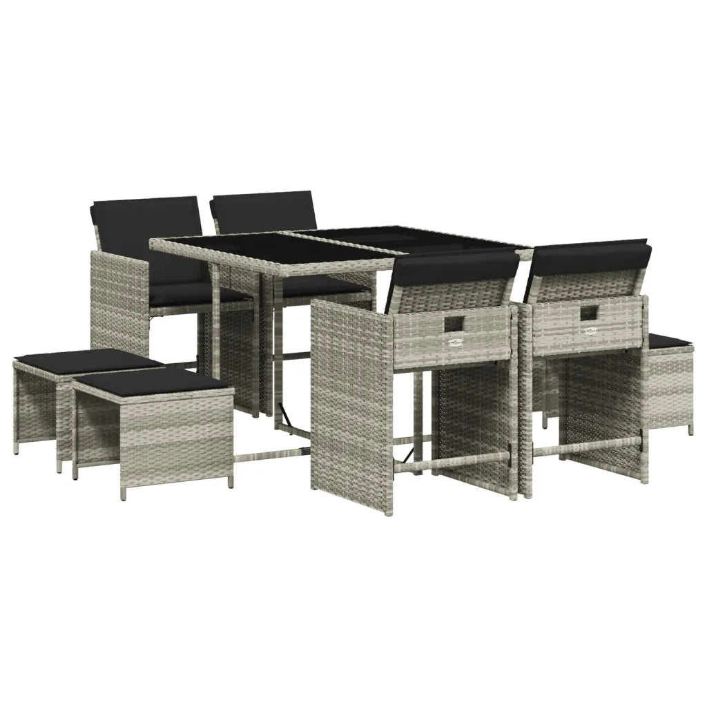 Set Pranzo da Giardino 9pz | Set Salotto da Giardino con Cuscini Grigio Chiaro Polyrattan