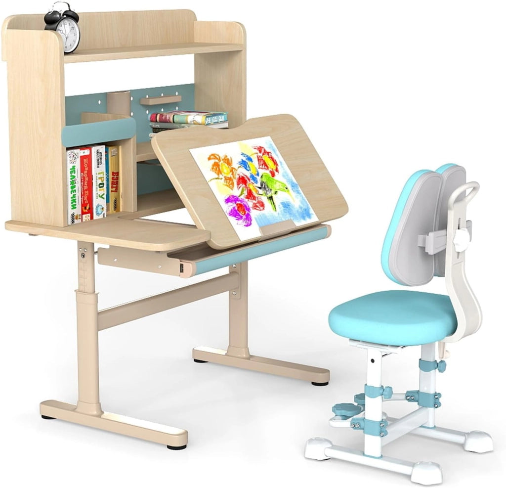 Scrivania per Bambini 3+ Anni, Tavolo Regolabile in Altezza con Libreria e Cassetto, Piano Inclinabile, Mensole, Leggio e Portapenne, per Studio e Cameretta (Rosa)