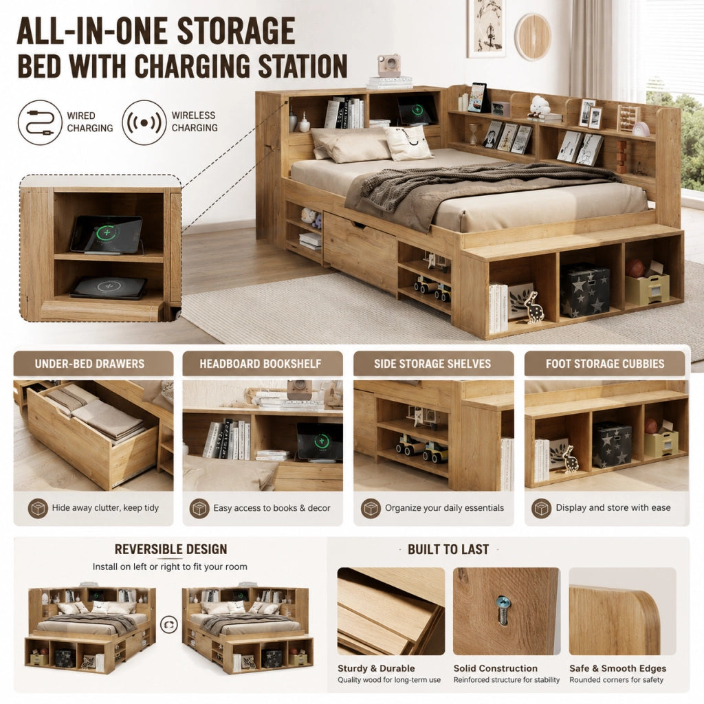 LETTO per bambini 90x200 cm in plywood colore naturale con contenitori