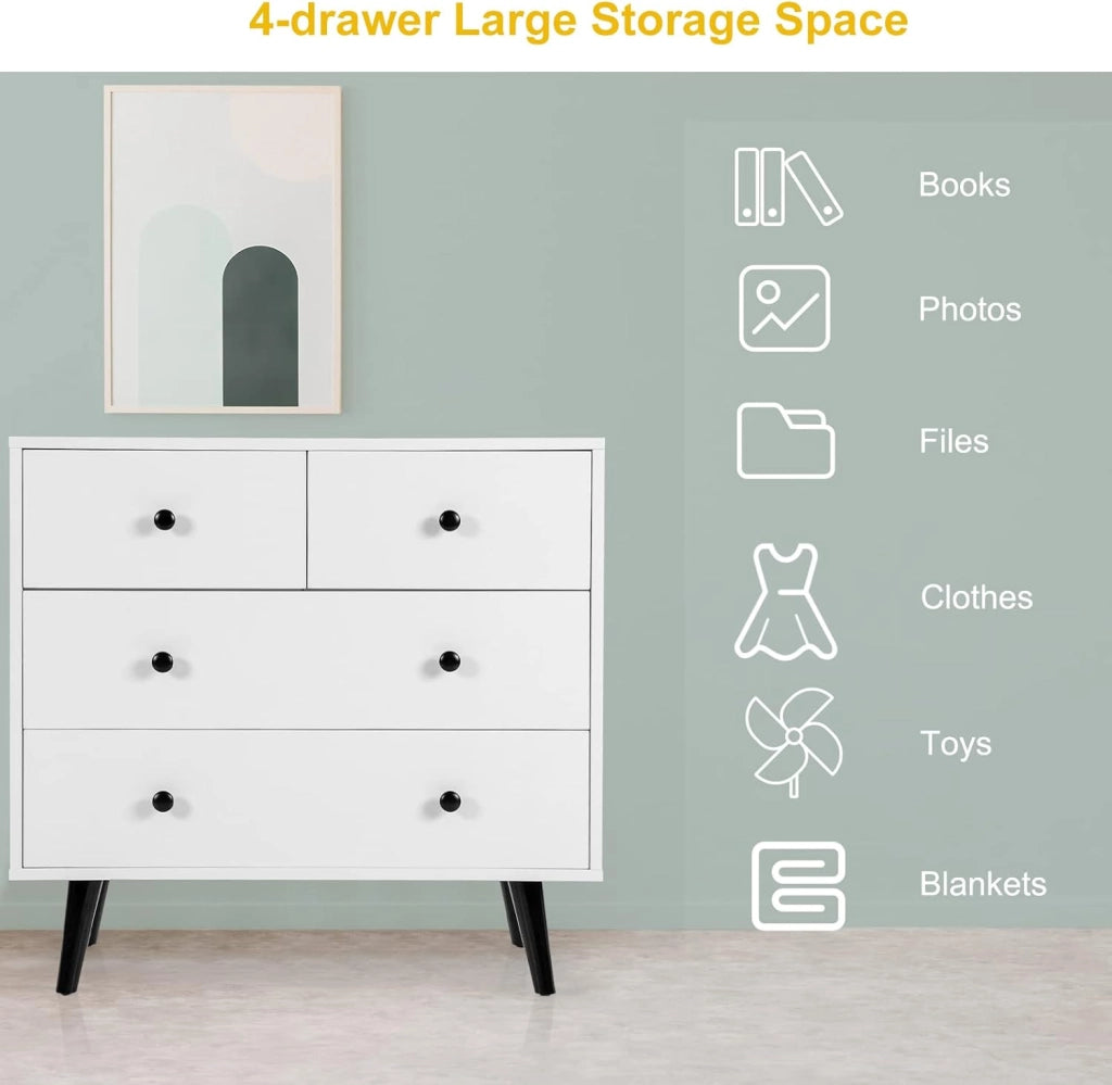 Cassettiera bianca, credenza con 4 cassetti, credenza moderna, armadietto laterale in legno, cassettiera 80 x 39,5 x 77 cm