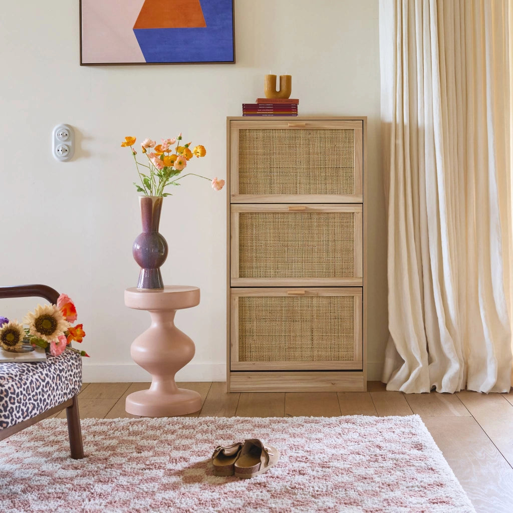 Scarpiera con decoro in canna e legno, 3 ante, marrone naturale