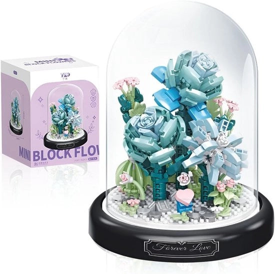 Set per costruzione di fiori - rosa blu - bouquet con copertura - mini set di costruzione - piante artificiali - set di costruzione per adulti - set di giocattoli per costruire fiori - decorazione per casa e stanza - 522 pezzi