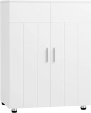 Armadietto da Bagno con Ripiani Regolabili, Mobiletto Multiuso con 3 Scomparti, Maniglie e Ante, Organizzatore per Cucina, Ingresso, Soggiorno, in MDF e Metallo, Bianco