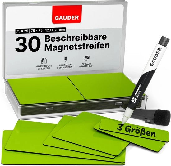 Etichette magnetiche descrittori - tavole magnetiche riutilizzabili per lavagne, lavagne scolastiche, lavagne Kanban e frigoriferi - carte magnetiche con pennarelli (30 pezzi - 3 misure)