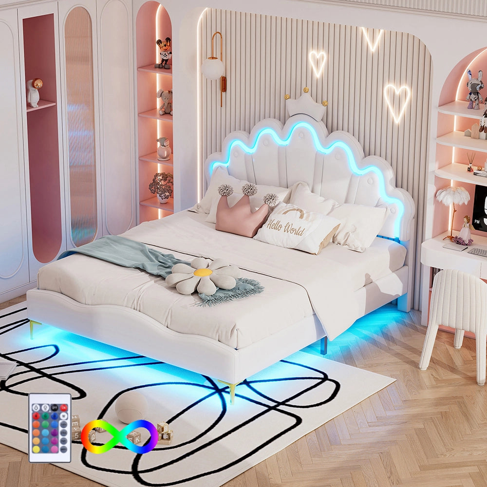 Letto a cassone per giovani - Xylo - 140x200 cm - Bianco - Imbottitura morbida, LED regolabili