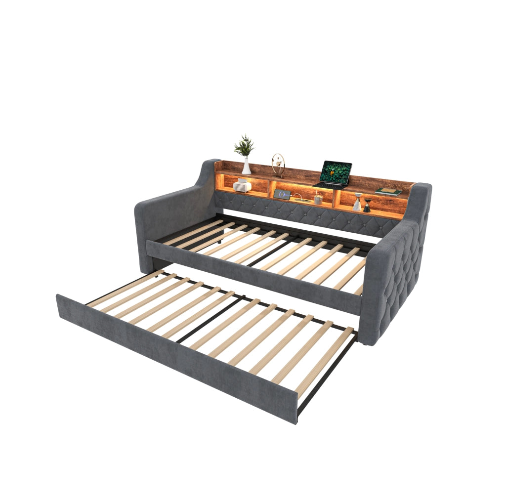 Divano letto 90x190 cm estraibile con contenitore in velluto grigio scuro