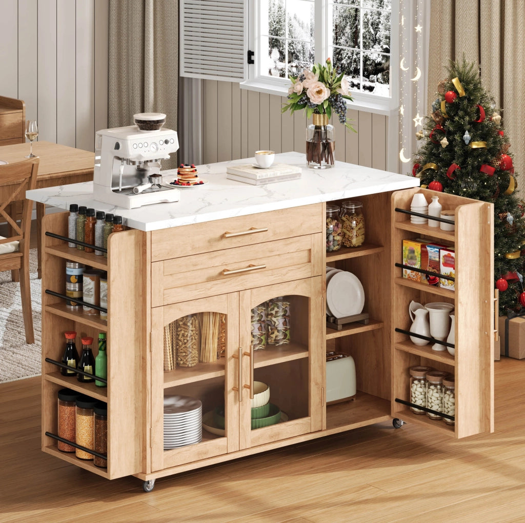 Isola cucina mobile con piano di lavoro ribaltabile, carrello su 5 ruote, 120 x 45 (70) x 90 cm, con spazio salvaspazio e cassetti per posate