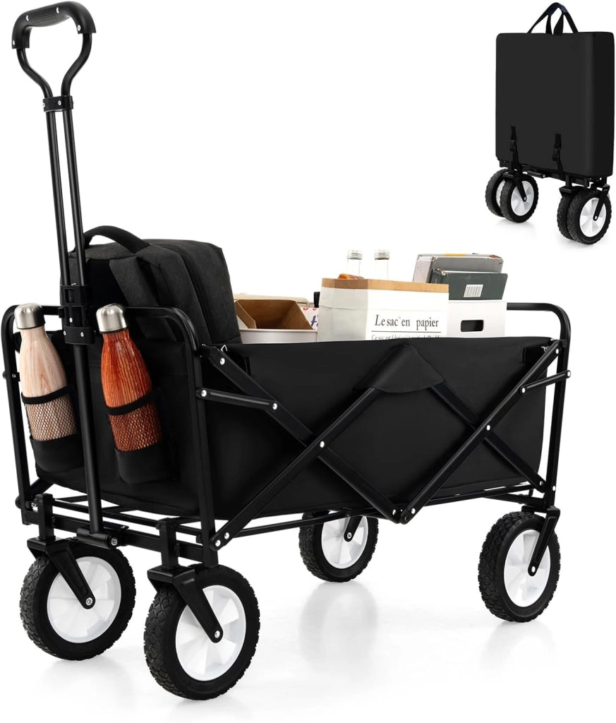 Carrello da Spiaggia Pieghevole, Carrello con Ruote Portatutto con Maniglia Regolabile, 2 Tasche a Rete e Portabicchieri, Carretto Giardino Portatile per Campeggio, Shopping e Mare (Nero)