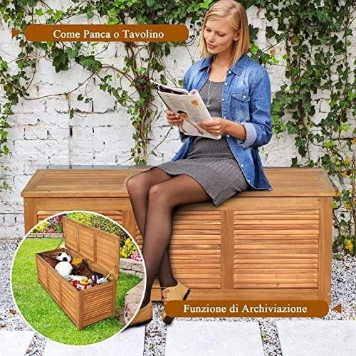 Cassapanca Baule Legno da Giardino, Cassapanca Contenitore con Coperchio, Multibox Utilizzabile all’Interno e all‘Esterno, Portata di 160 kg, 120x45x45 cm