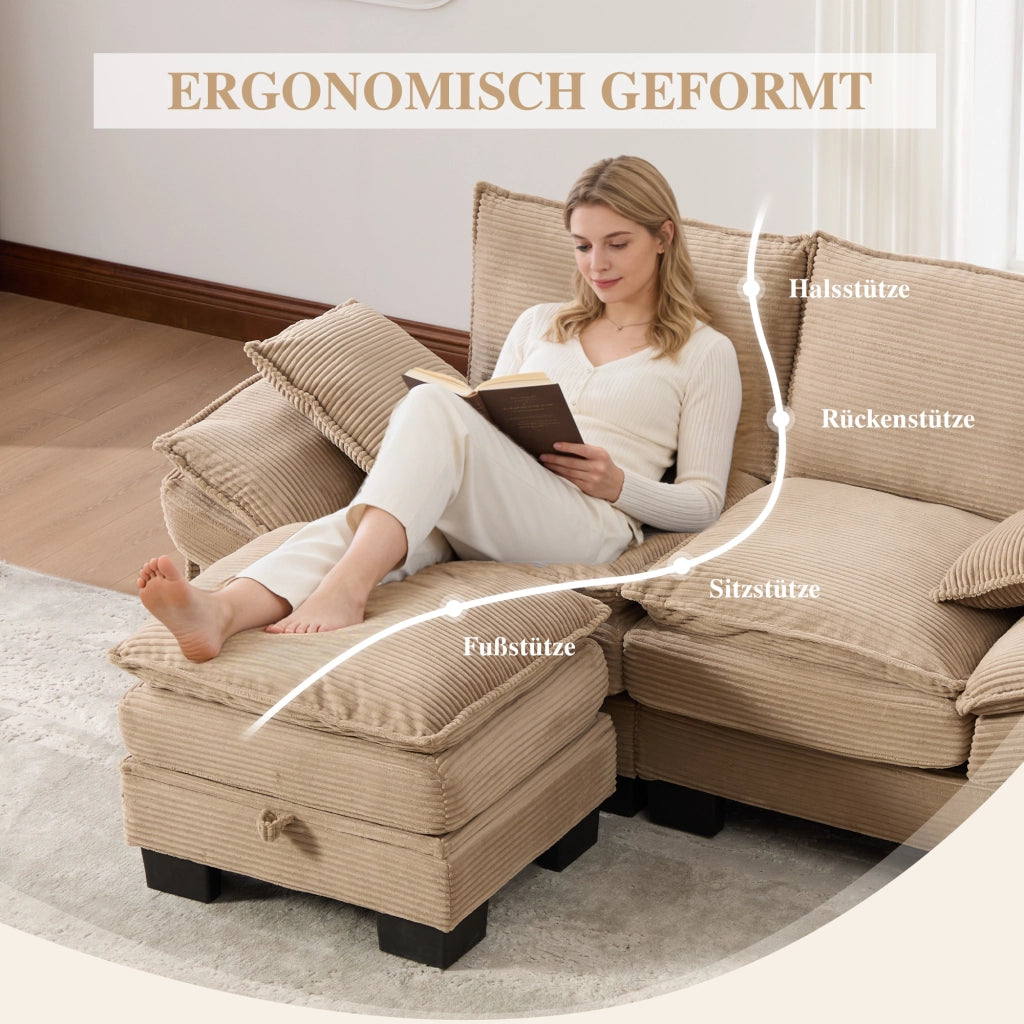 Divano a 2 posti in corduroy con pouf, ampia seduta ergonomica, USB-C e tasche laterali, per soggiorno, khaki