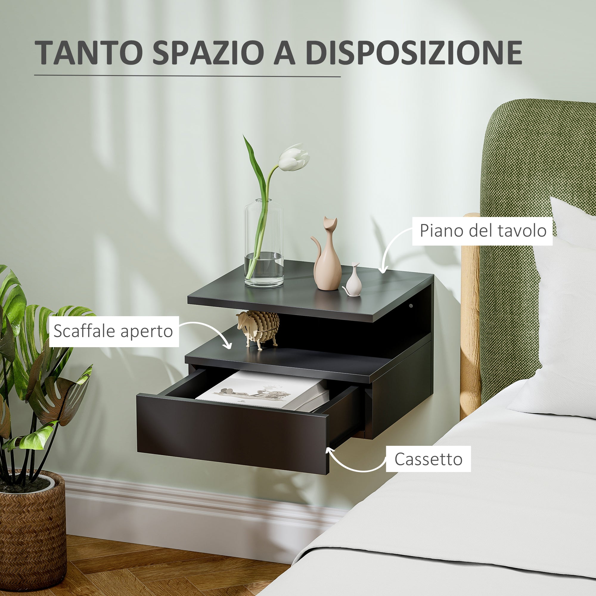 Comodino Sospeso per Camera da Letto 35x32x22,5 cm con Cassetto in Legno Nero