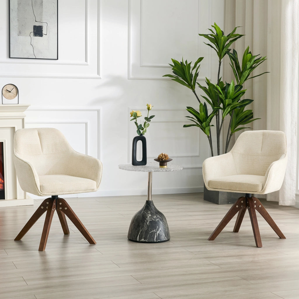 Sedia da sala da pranzo girevole 360° set da 2 con braccioli e schienale ergonomico in tessuto bianco e legno noce