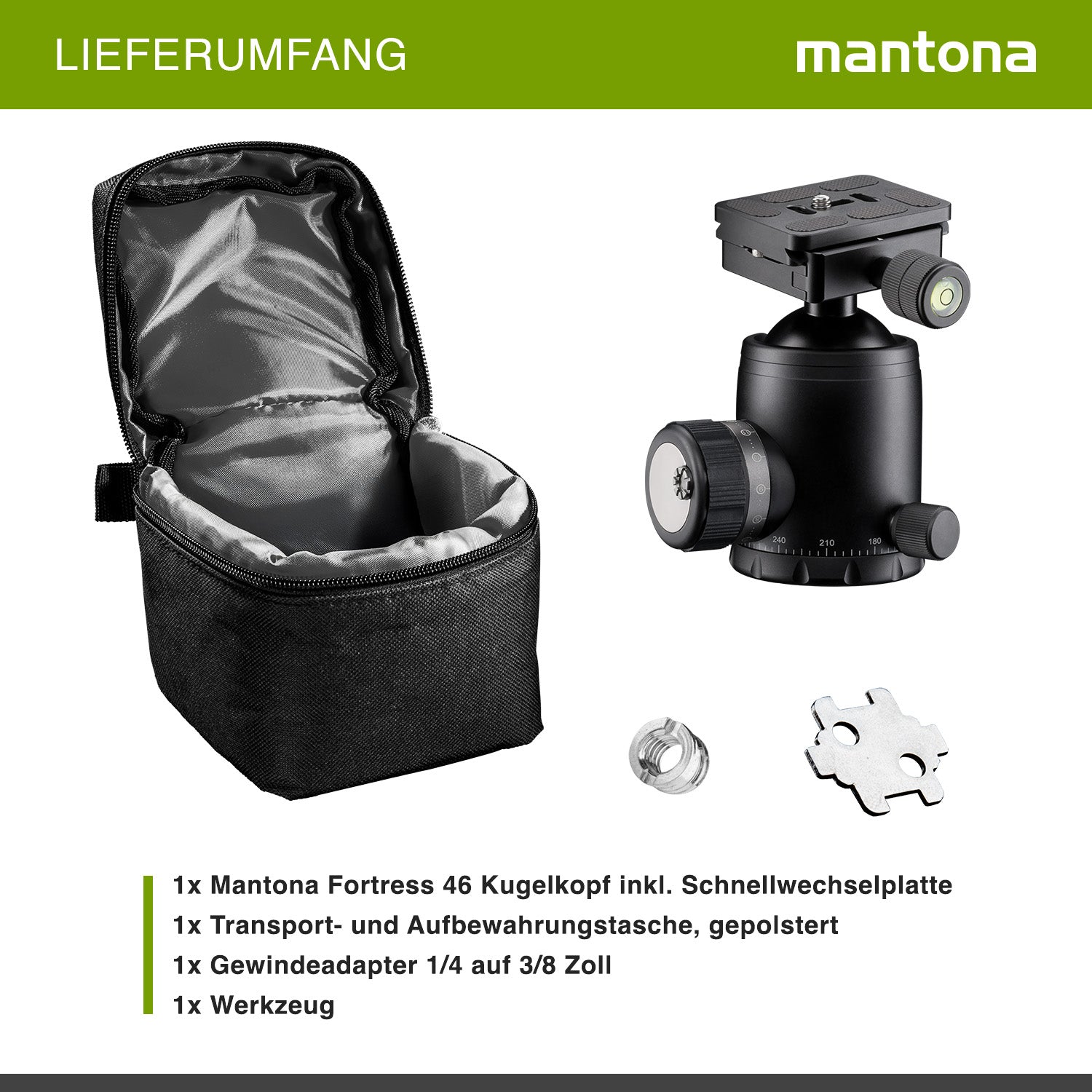 Mantona Fortress Testa a sfera per stativi treppiedi fotografici, 46 mm max 25 kg, con funzione panoramica 360° e 3 livelle, incl piastra sgancio rapido, per fotocamera accessori fotografia