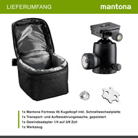 Mantona Fortress Testa a sfera per stativi treppiedi fotografici, 46 mm max 25 kg, con funzione panoramica 360° e 3 livelle, incl piastra sgancio rapido, per fotocamera accessori fotografia