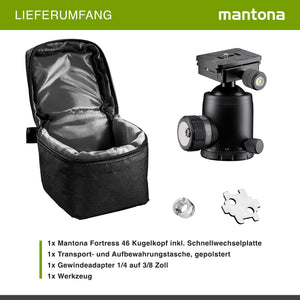 Mantona Fortress Testa a sfera per stativi treppiedi fotografici, 46 mm max 25 kg, con funzione panoramica 360° e 3 livelle, incl piastra sgancio rapido, per fotocamera accessori fotografia