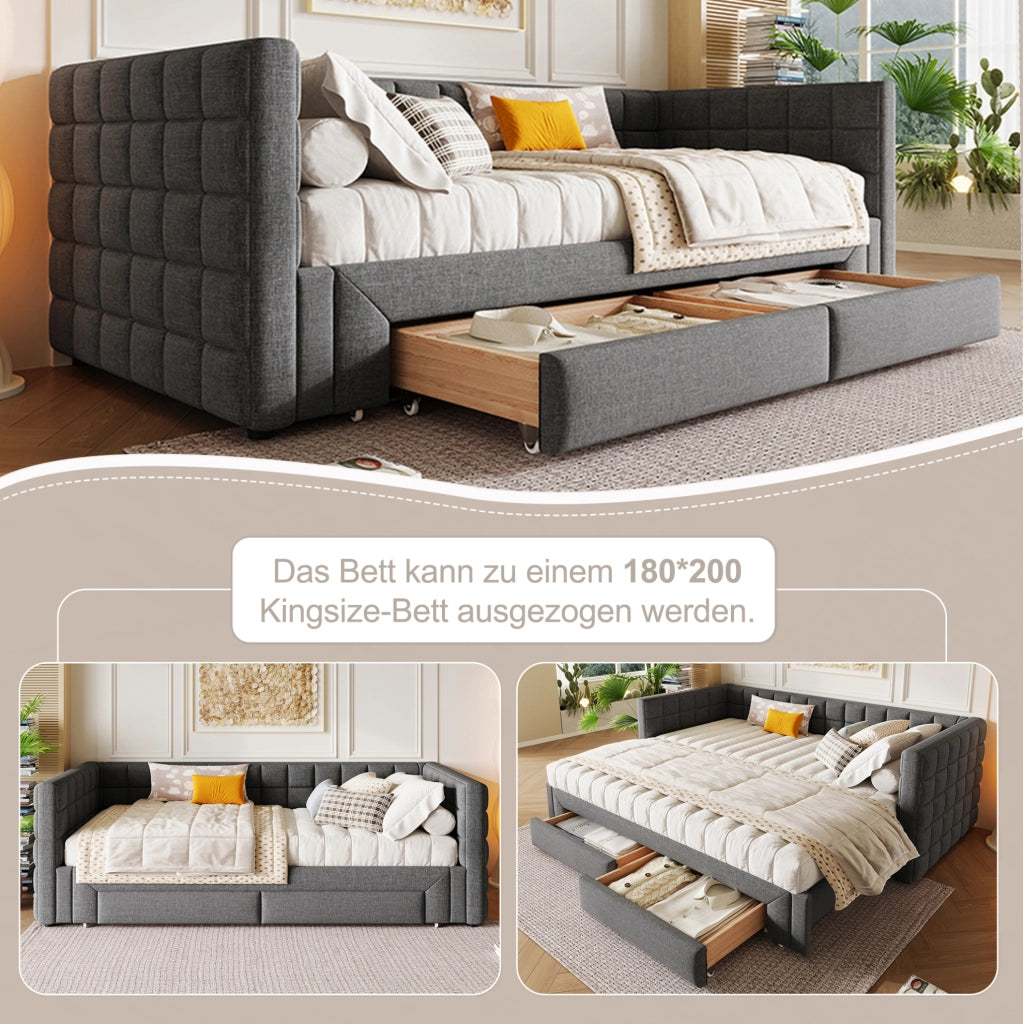 Divano letto estraibile 90 x 200 cm in velluto grigio con 2 cassetti