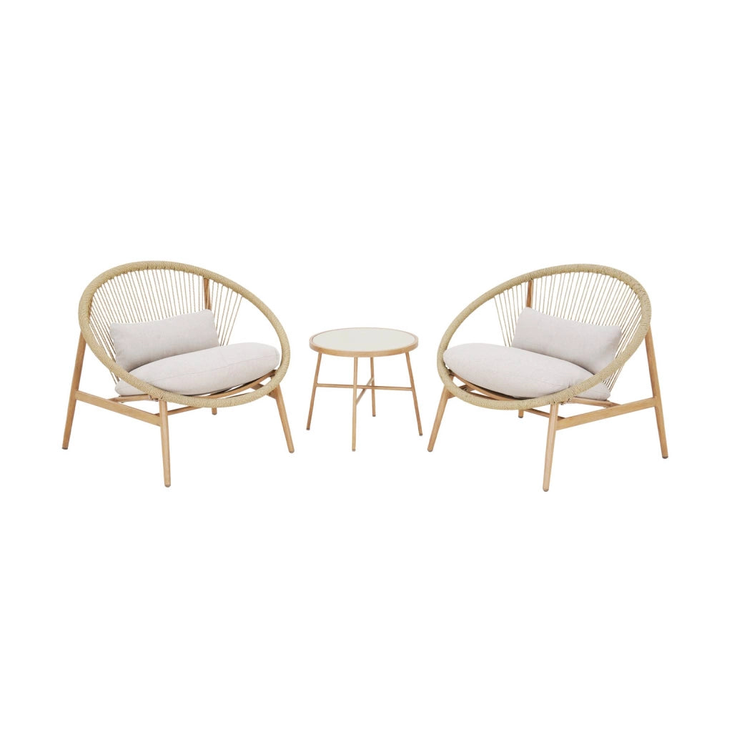 Set 2 poltrone da giardino con tavolo in acciaio e rattan, beige