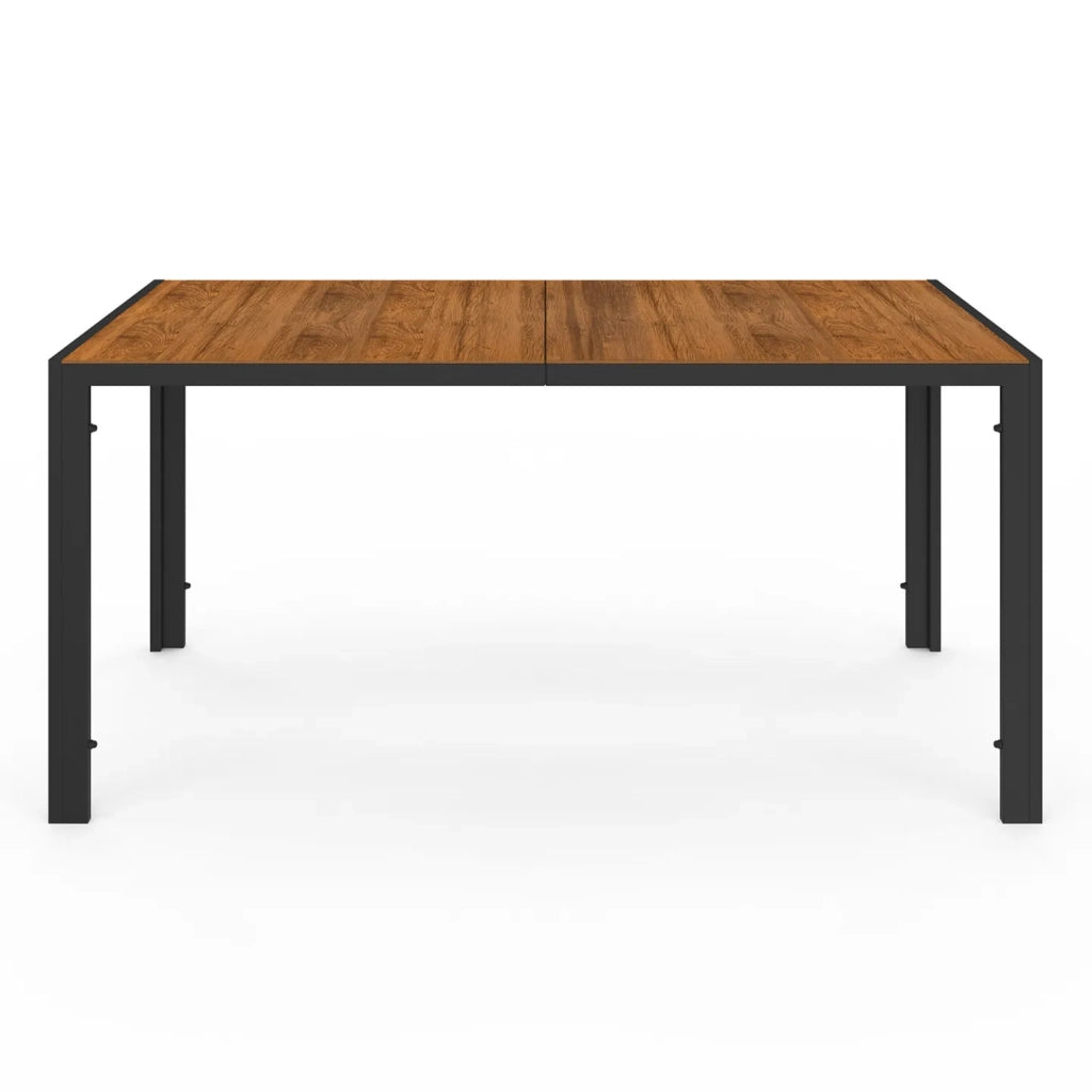 IDMarket - Set di mobili da giardino NOUMEA - Tavolo da 150 cm con piano in vetro temperato effetto legno e 6 sedie impilabili in legno e n