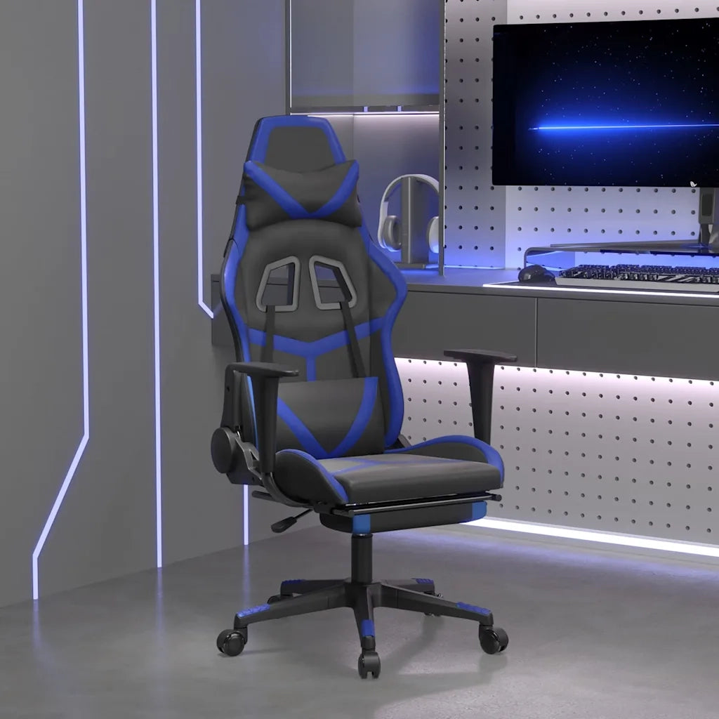 Sedia da Gaming | Sedia da e-sports Massaggiante Poggiapiedi Nero e Blu Similpelle