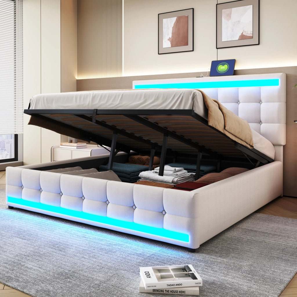 OKWISH Letto Imbottito 180×200 cm, Letto Matrimoniale con LED RGB Regolabile, USB e Testiera Regolabile, senza Materasso, Beige