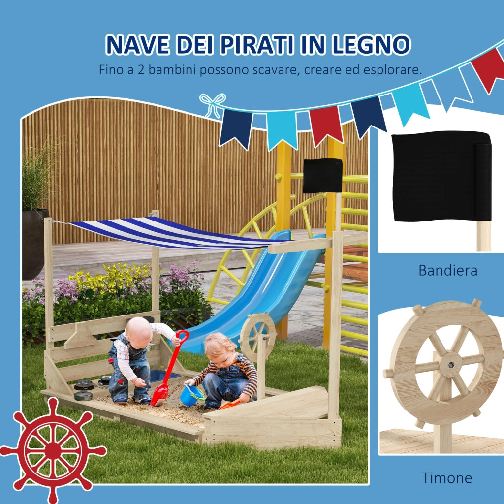 Sabbiera per Bambini 3-7 Anni con Tettuccio e Set da Cucina 180x103x144,5 cm in Legno di Abete