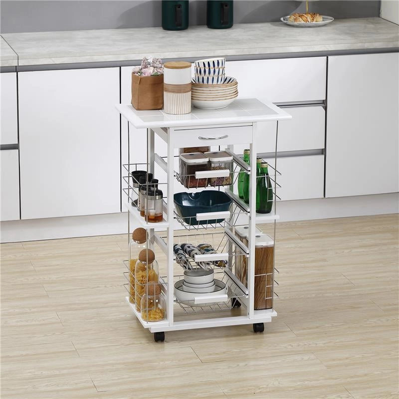 CARRELLO DA CUCINA CON CASSETTO, 4 CESTI E 4 RIPIANI, IN METALLO, CERAMICA E LEGNO, 57X37X83 CM, BIANCO