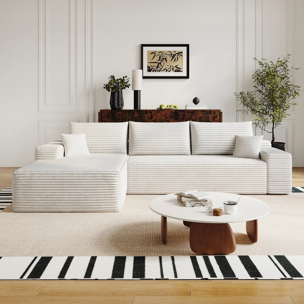 Divano angolare modulare con chaise longue in tessuto a righe, imbottitura in schiuma elastica, bianco 270 cm