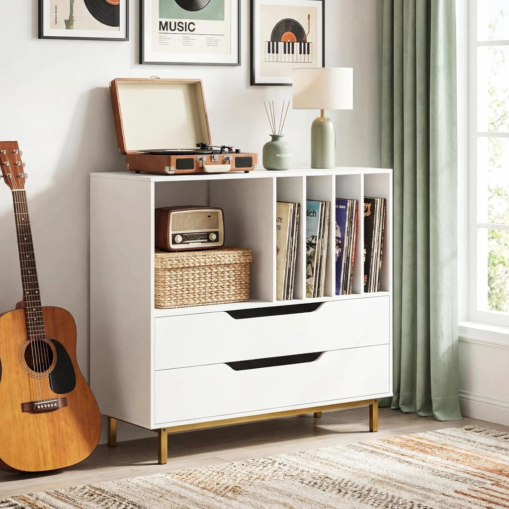 Mobile in vinile con scomparti aperti, 4 separatori, gambe metalliche e cassetti, mensola per dischi in legno per sala musica, soggiorno (bianco)
