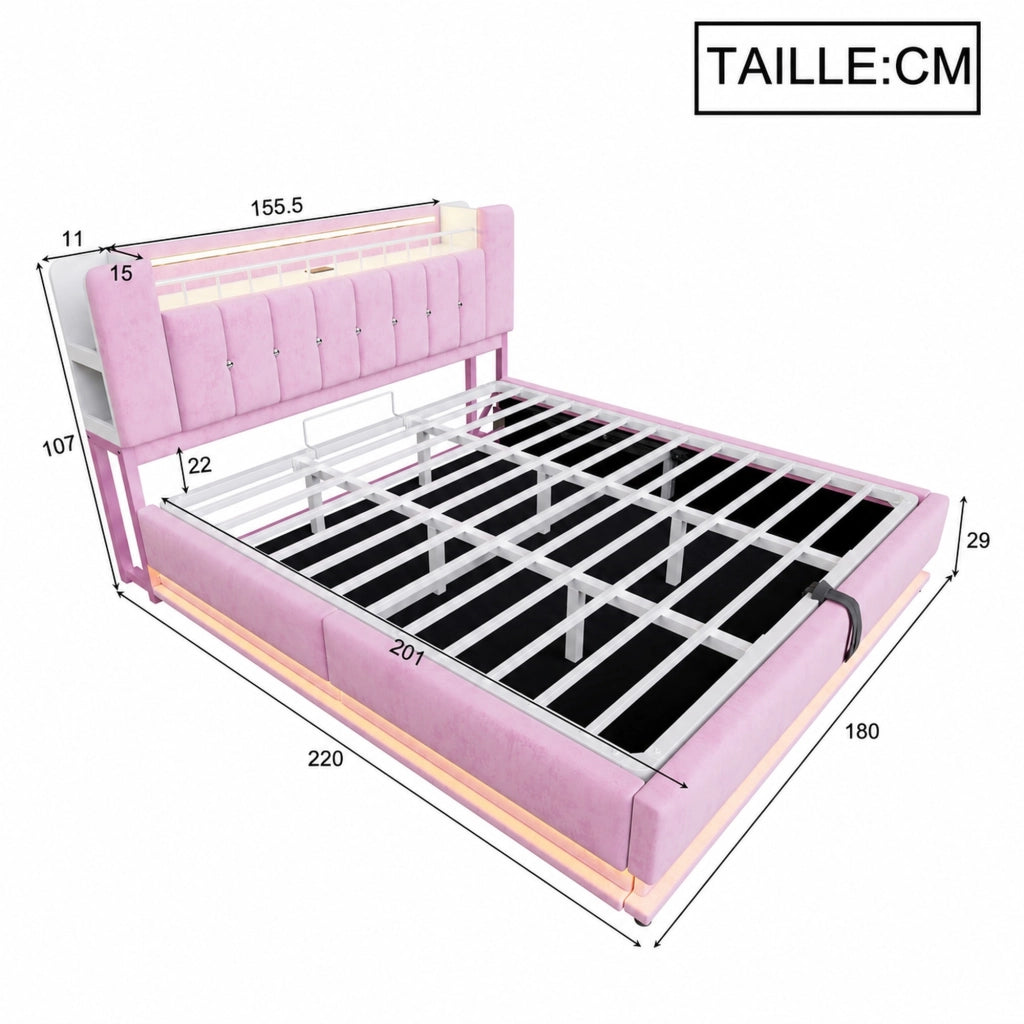 DESMIU Letto imbottito 180 × 200 cm 2 posti con LED, USB e contenitore idraulico, senza materasso, in velluto, rosa