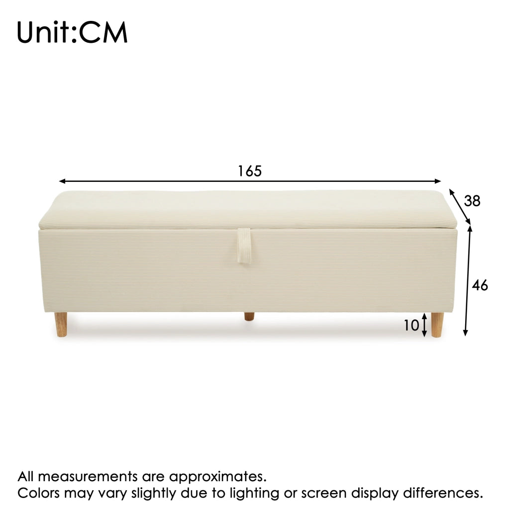 Panca da letto 165x38x46 cm con spazio contenitore idraulico in velluto a coste e legno beige