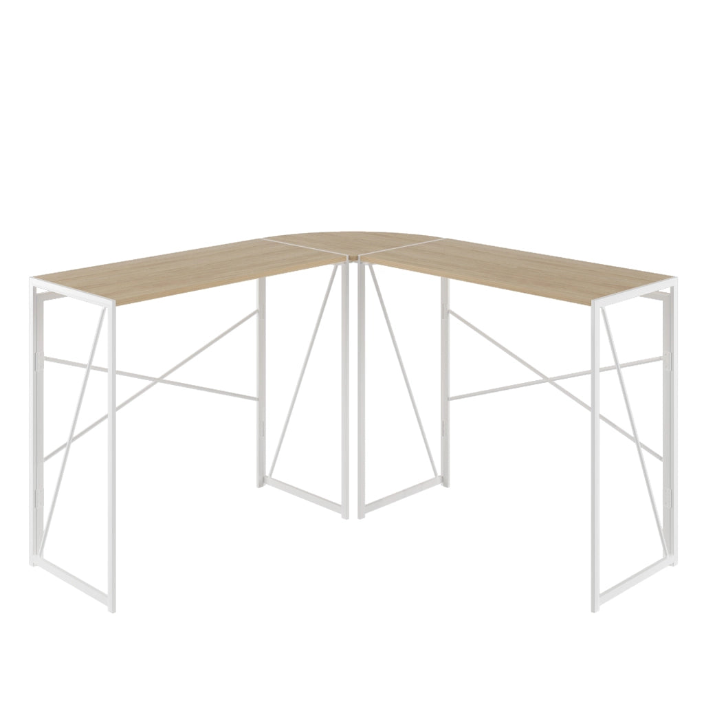 Scrivania angolare in metallo e legno con struttura robusta e piano ampio, per studio e home office, rovere bianco