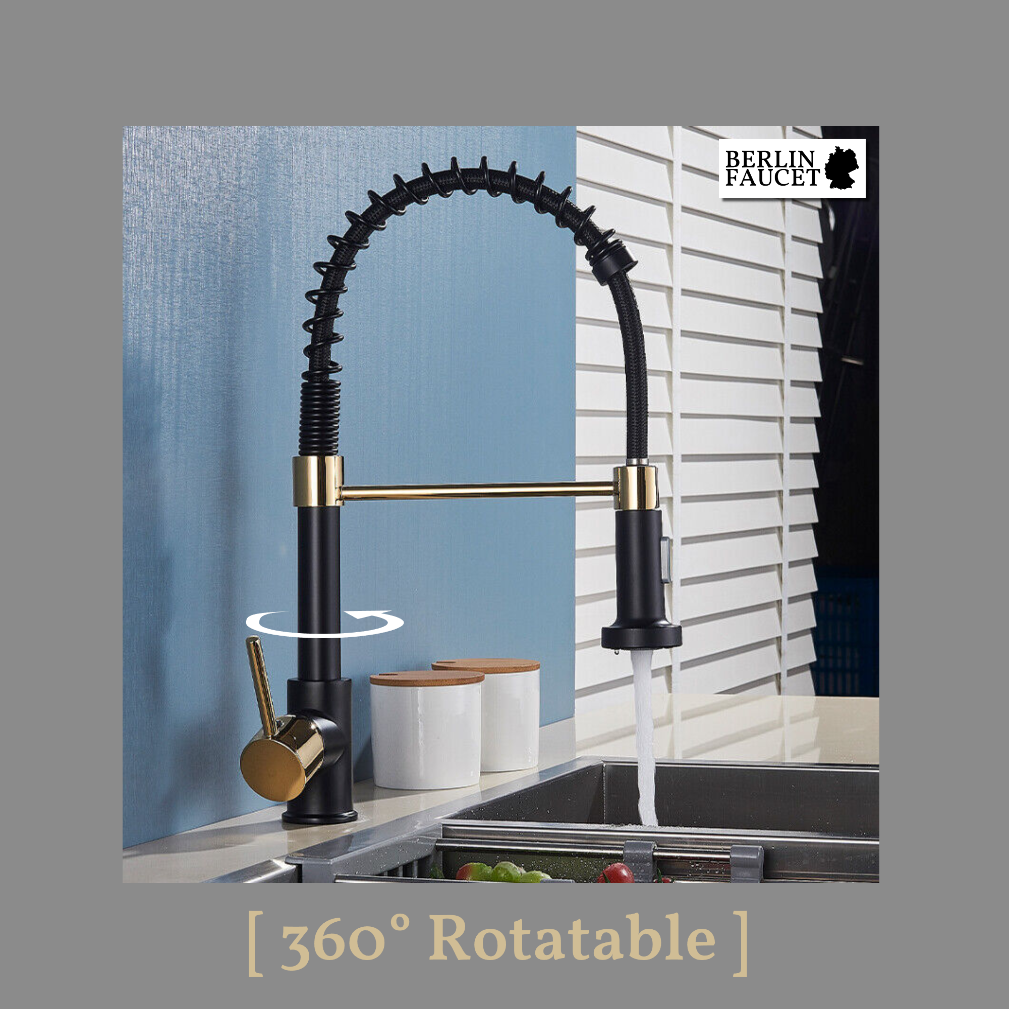 Bernd | Rubinetto Flessibile Catering Black Gold |da cucina in acciaio inossidabile|miscelatore può essere ruotato  360 gradi Alta pressione 2 porte