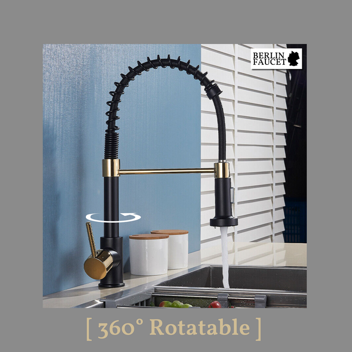 Bernd | Rubinetto Flessibile Catering Black Gold |da cucina in acciaio inossidabile|miscelatore può essere ruotato  360 gradi Alta pressione 2 porte