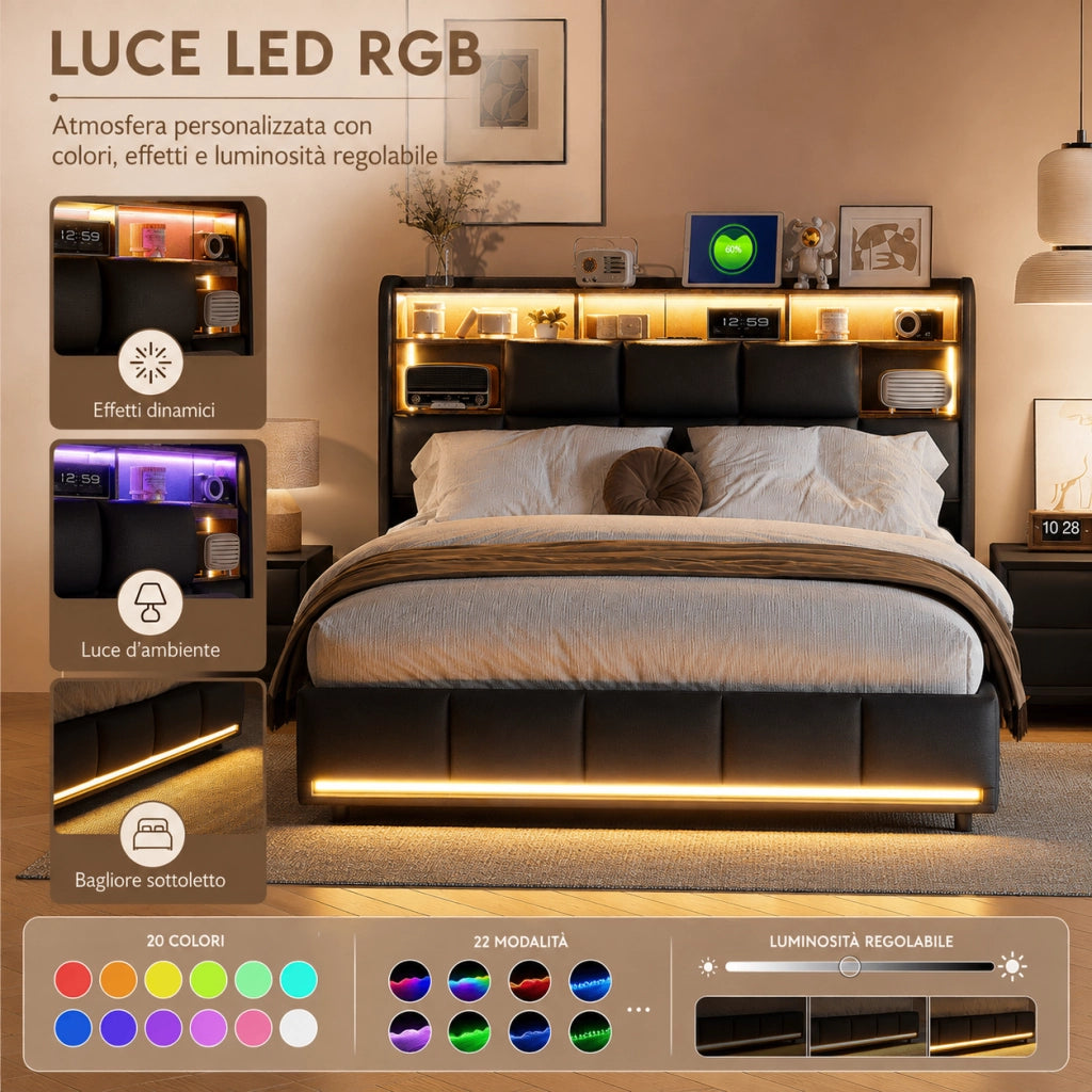 Letto matrimoniale con contenitore idraulico, testiera con vani, LED RGB, pelle sintetica nera, 160x200 cm, con porte USB e presa di corrente