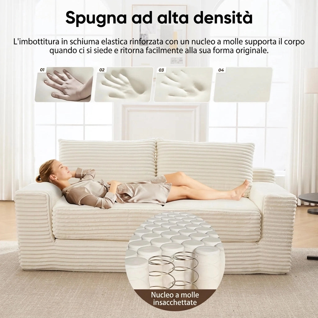 Divano 2 posti bianco trasformabile 2 in 1 in tessuto a coste con memory foam