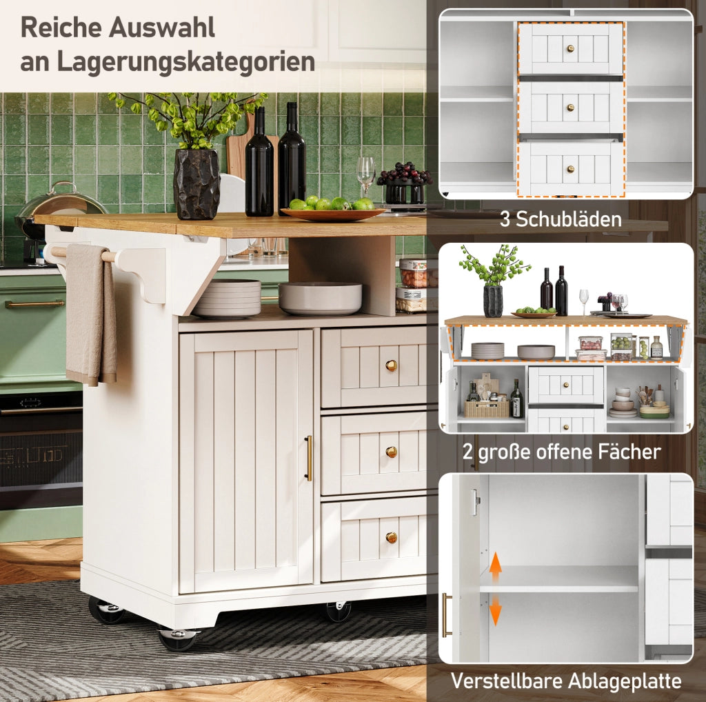 Isola cucina pieghevole 120x80x95 cm con ruote e cassetti