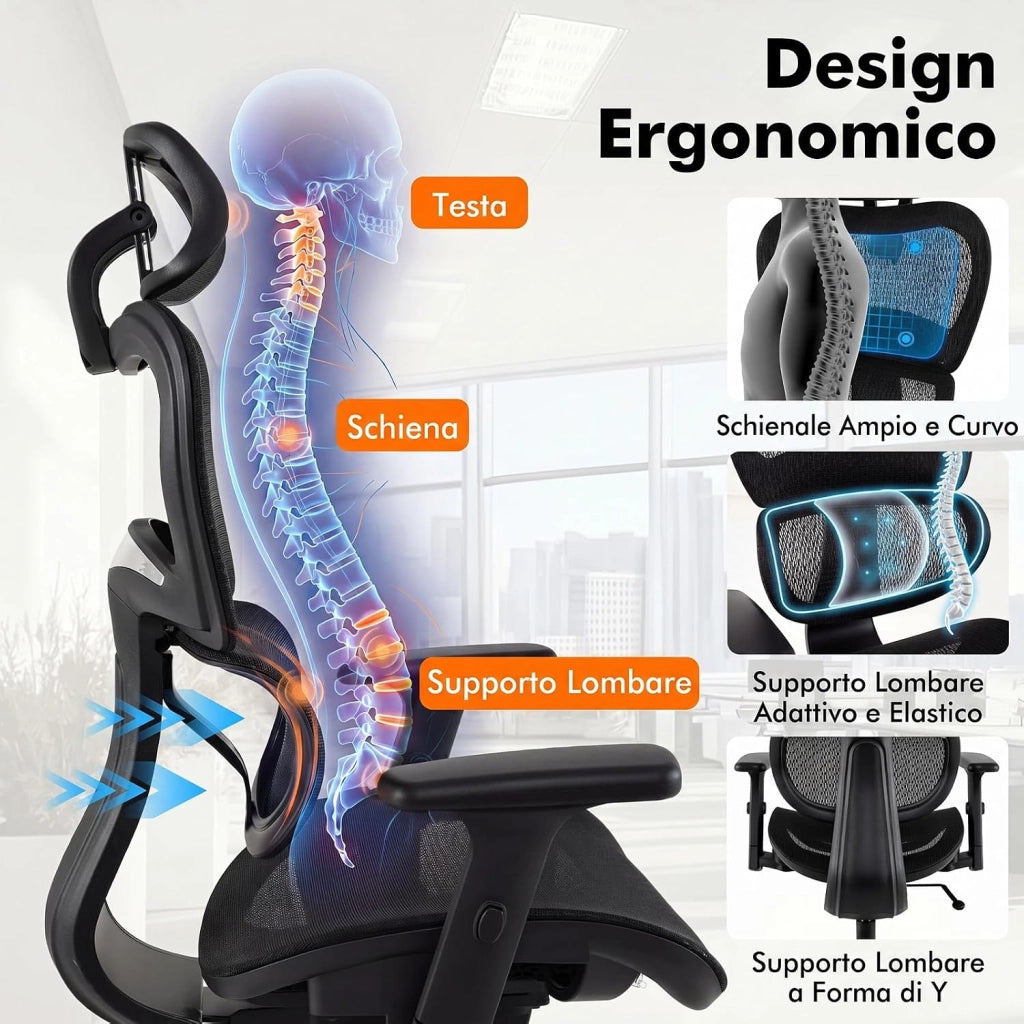 Sedia da Ufficio Ergonomica, Schienale Reclinabile | Poggiatesta Regolabile e Supporto Lombare, Altezza Regolabile, Poltrona con Ruote per Studio, Portata 125 kg